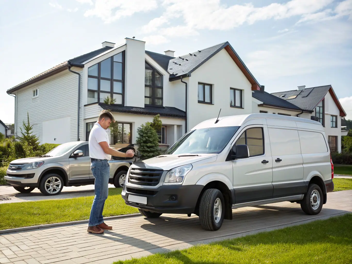A high-resolution image of a KoreaAuto delivery truck arriving at a customer's doorstep, with the customer smiling and receiving the keys to their new vehicle, emphasizing the final delivery and customer satisfaction.