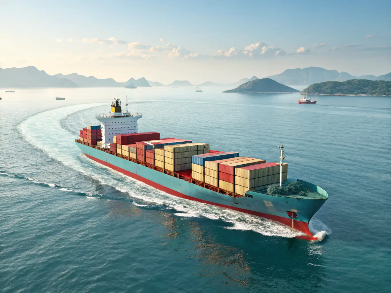 A digital illustration depicting a cargo ship sailing across the ocean, with containers labeled 'KoreaAuto' on its deck, symbolizing global reach and reliable shipping services.